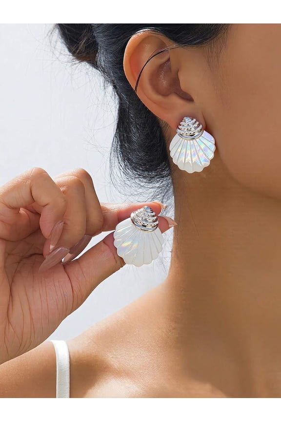 Silver Mermaid Shell Stud Earrings - Silvertone Top With Iridescent Resin Scallop Pendant