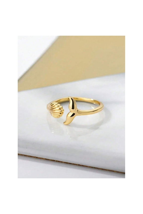Silver Mermaid Tail And Shell Open Adjustable Ring For Women Ocean Theme Jewelry