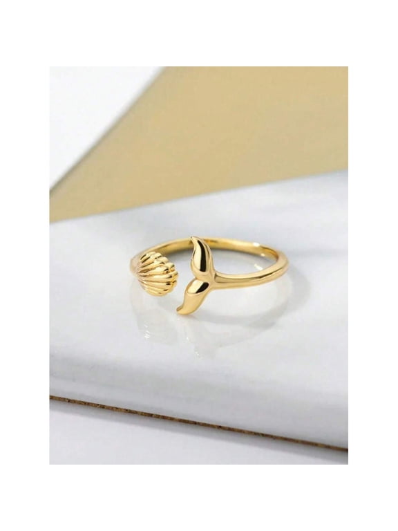 Silver Mermaid Tail And Shell Open Adjustable Ring For Women Ocean Theme Jewelry