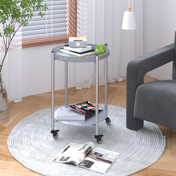 Silver Metal 2-Tier Round Rolling Side Table with Lockable Casters, Detachable Multi-Purpose End Nightstand for Living Room Bedroom Balcony