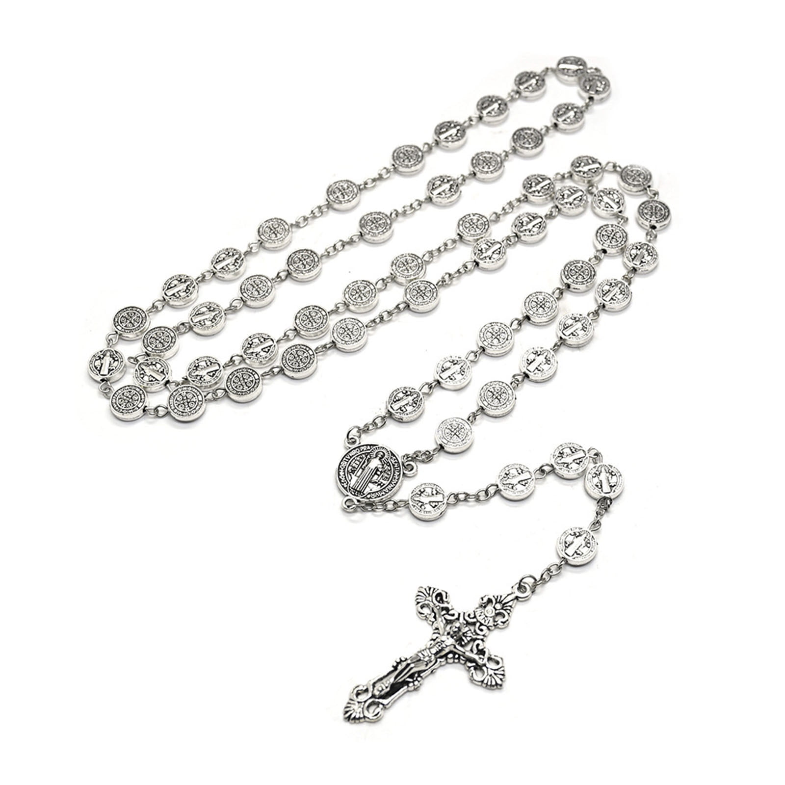 Silver Metal Cross Necklace Prayer Beads Christian Church Supplies for Women Men