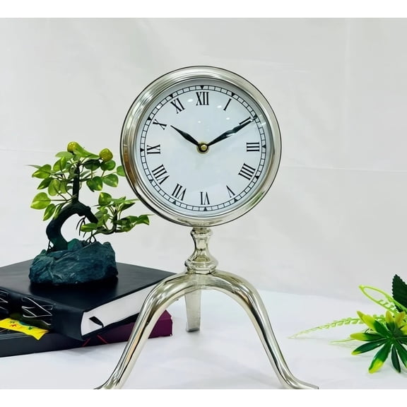 Silver Metal Desk Clock Indoor Elegant Classy Style Office Living Room Bedroom Grandmother, Grandfather, Birthday, Valentine Gift
