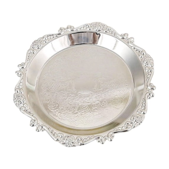 Silver Metal Embossed Serving Tray, Dessert Snack Tray Jewelry Stand, Decorative Storage Dish for Home Kitchen, A