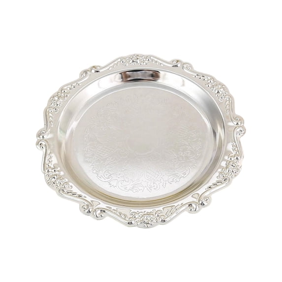 Silver Metal Embossed Serving Tray, Dessert Snack Tray Jewelry Stand, Decorative Storage Dish for Home Kitchen, C