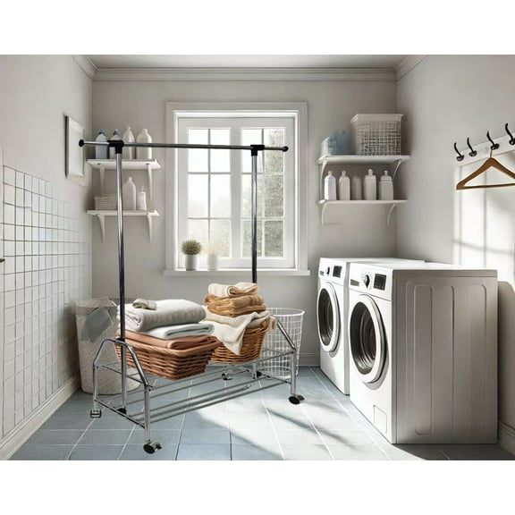 Silver Metal Garment Rack - Extendable Clothes Rack with Wheels, 35.83"L X 16.54"W X 69.49"H