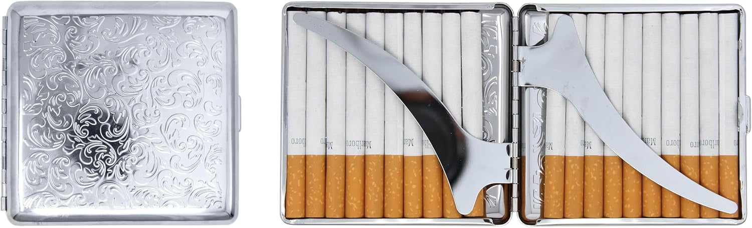 Silver Metal-Plated Cigarette Case & Stash Box (Full Pack - King Size Cigarettes)