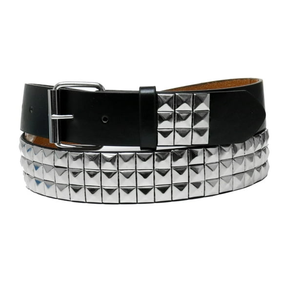 Silver Metal Rivets Pyramid Studs Black Leather Belt with Belt Buckle