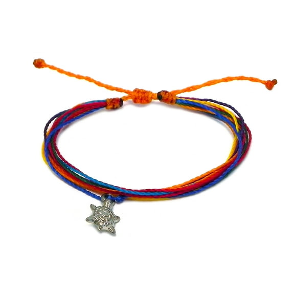 Silver Metal Sea Turtle Charm Dangle Multicolored Multi Strand String Waterproof Adjustable Pull Tie Bracelet - Unisex Handmade Jewelry Boho Accessories