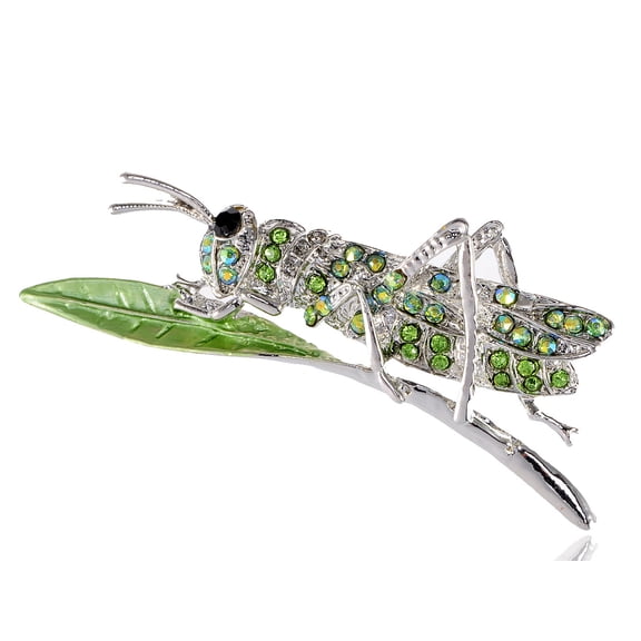 Silver Metal Tone Green Rhinestone Embellished Grasshopper on Leave Pin Brooch