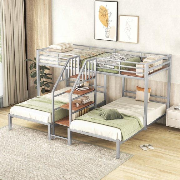 [Twin Size Metal Platform Bed Frame with Storage Shelves and Staircase, Silver, Bedroom]