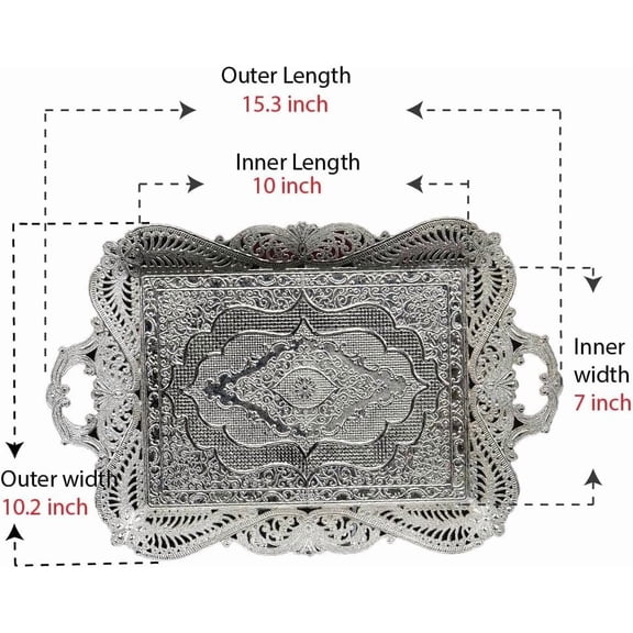 Silver Metal Turkish Coffee Serving Tray - Antique Brass Style Decorative Rectangular Table for Home Kitchen