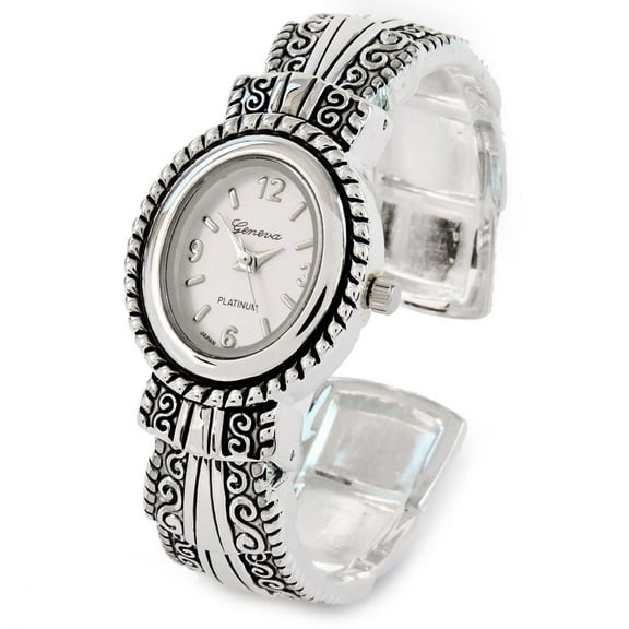 Silver Metal Western Style Decorated Oval Face Women's Bangle Cuff Watch