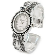 Silver Metal Western Style Decorated Oval Face Womens Bangle Cuff Watch