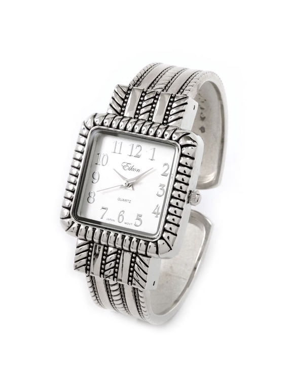 Silver Metal Western Style Decorated Square Face Women's Bangle Cuff Watch