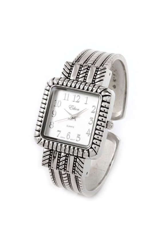 Silver Metal Western Style Decorated Square Face Women's Bangle Cuff Watch