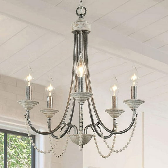 Silver Metal & Wood Beaded Pendant Light, 5-Light French Country Farmhouse Chandelier Rustic Grey Hanging Light Fixture for Dining Room Foyer Living Room Entryway