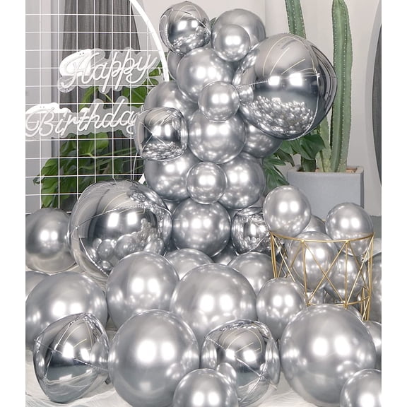 Silver Metallic Balloons and Silver Orbz Balloon 75PCS Different Sizes 4D Foil Helium Latex Chrome Balloon Set for Birthday Anniversary Baby Shower Wedding Party Decorations