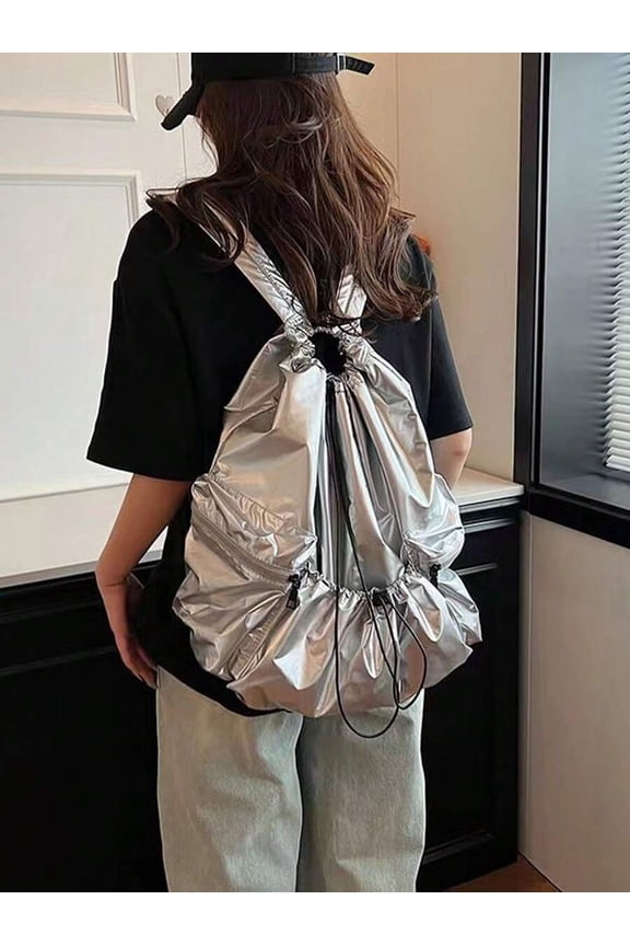 Silver Metallic Drawstring Pleated Backpack, Water-Resistant Nylon, Large