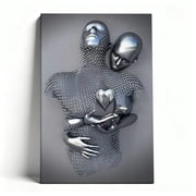 Silver Metallic Embracing Figures Canvas Wall Art, Modern 3D Abstract Love Sculpture Decor, Minimalist Couple Artwork For Bedroom, Living Room, Office, Ready To Hang 12*18inch(30*45cm)