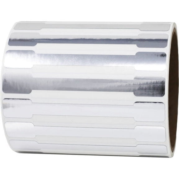 Silver Metallic Tamper Evident Safety Labels | 4" x 0.5" Special Shape - 500 Pack | InStockLabels.com