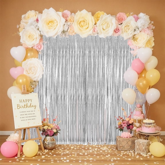 Silver Metallic Tinsel Foil Curtains,39.37×78.74in Glitter Silver Fringe Curtains,New Year Door Streamer Tinsel Backdrop Photo Booth for New Year Party Birthday Engagement Party Decorations(2PC)