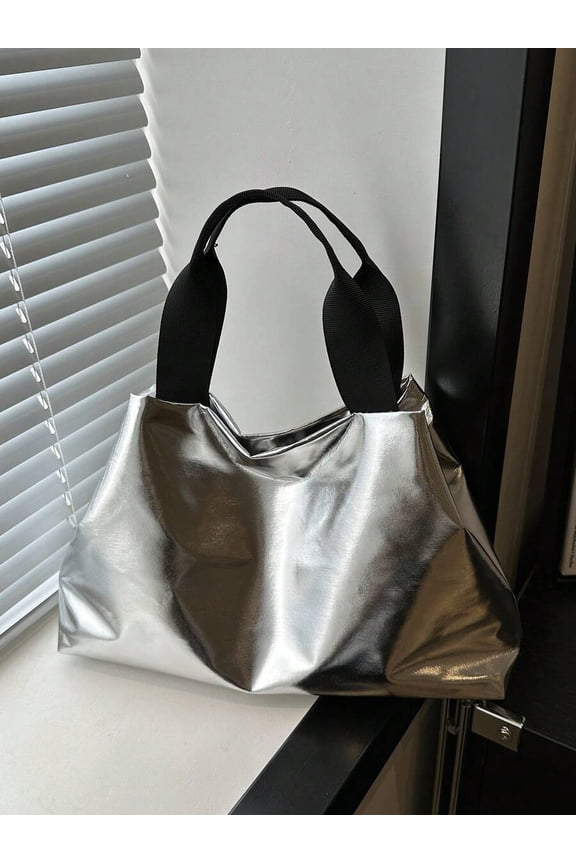Silver Metallic Tote Handbag With Black Webbing Handles, Large Size For
