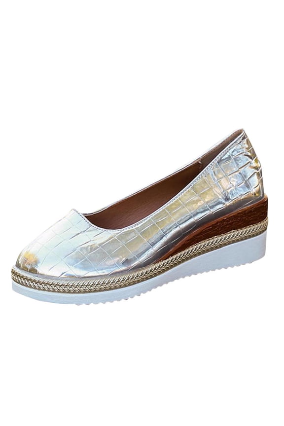 Silver Metallic Wedge Flats for Women Croc Embossed Platform Slip On Comfortable Casual Office Wedding Guest Shoes,Size 5.5