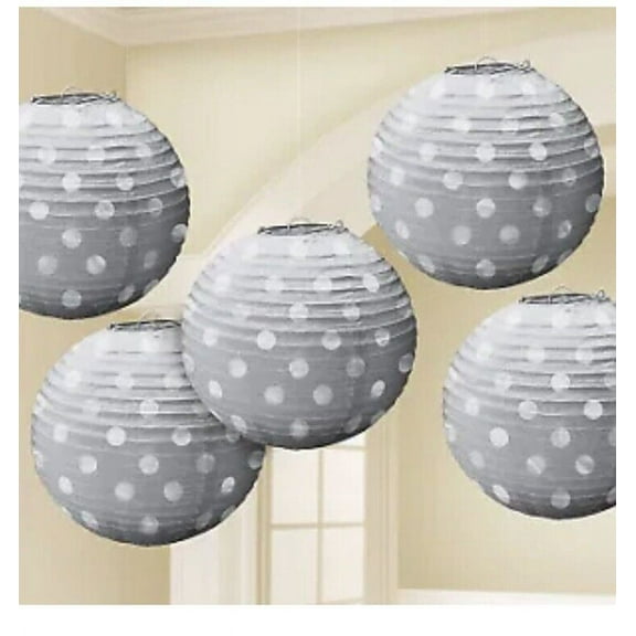Silver Stamped Foul Polka Dot Paper Lantern Decorations 5 count