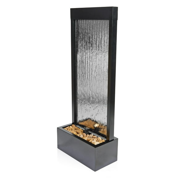 Silver Mirror Fountain w/Decorative Stones & LED Light