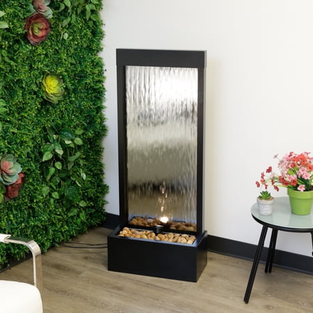 Alpine Corporation MLT102S Indoor Zen Mirror Waterfall Floor Fountain with Stones and LED Lights, 48 inches, Silver