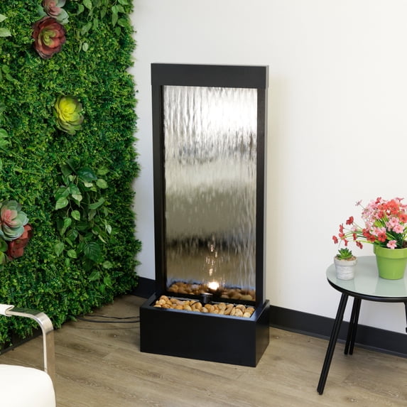 Alpine Corporation MLT102S Indoor Zen Mirror Waterfall Floor Fountain with Stones and LED Lights, 48 inches, Silver