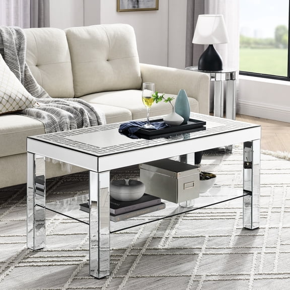 Silver Mirror Glass Top, Sparkling Diamond Edge Frame | Beside Living Room Sofa Decor | Reflects Light Brightly, Catches Attention