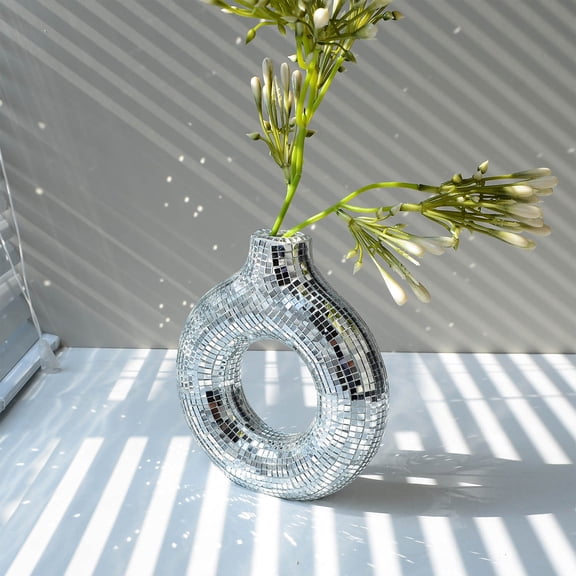Silver Mirror Mosaic Circular Vase Modern Decorative Centerpiece for Living Room Dining Table