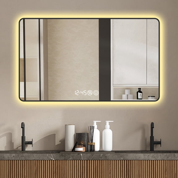 Silver Mirror with Defogging Function and Time and Temperature Display