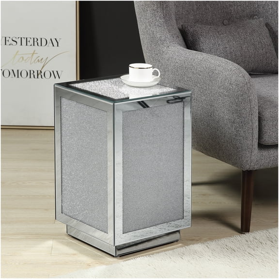 Silver Mirrored Accent Table with Faux Diamonds, Elegant Side Table for Living Room Bedroom Decor