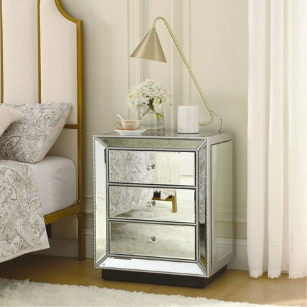 Silver Mirrored Chest - Three Drawer Bedroom Storage Piece Back Furniture Functional And Attractive For