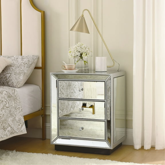 Silver Mirrored Chest - Three Drawer Bedroom Storage Piece Back Furniture Functional And Attractive For