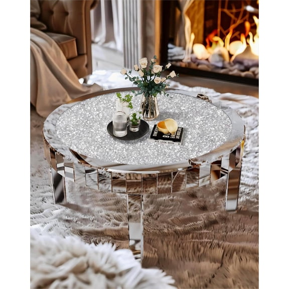 Silver Mirrored Coffee Table: 31.5 inch Round Crystal Glass Mirror Tabletop Crushed Diamond