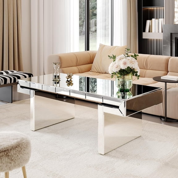 Silver Mirrored Coffee Table, 47.3" Rectangle Mirror Center Table with Starburst Mirror Mosaic Design, Modern Luxury Mirrored Furniture Glass Top Cocktail Tea Table for Living Room