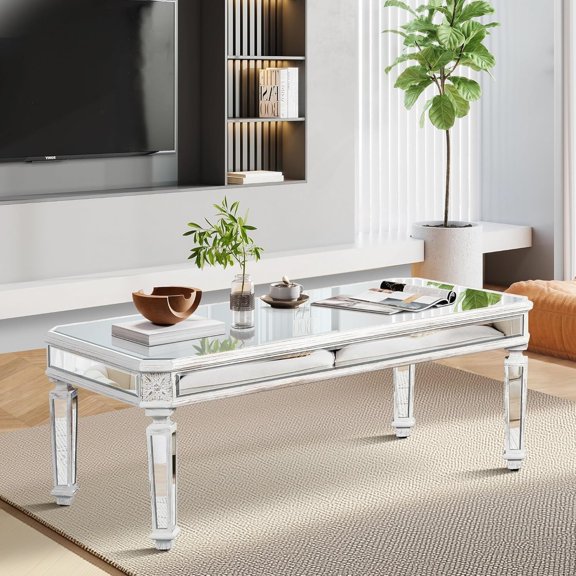 Silver Mirrored Coffee Table, 48" Rectangle Modern Coffee Table with Vintage Carved Elements, Luxury Mirrored Glass Center Table Accent Coacktail Tea Tables for Living Room Home Office