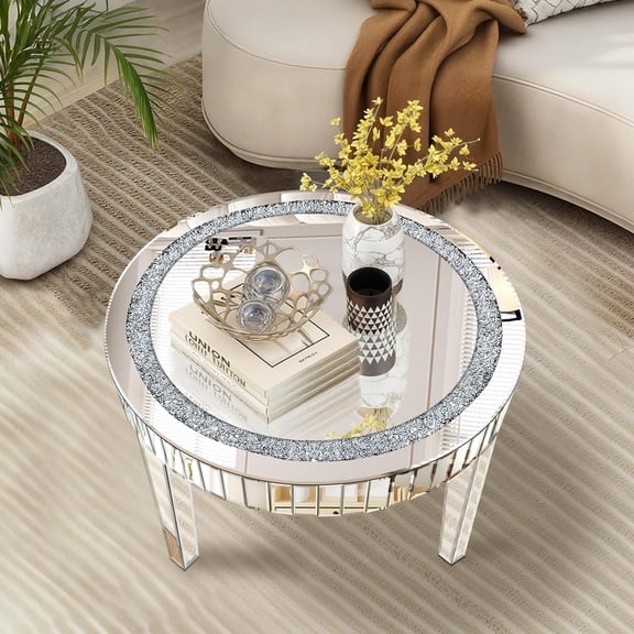 Silver Mirrored Coffee Table with Crystal Inlay, Round Glass Tea Table with Mirrored Finish, Modern Center Table for Living Room and Office (23.6" D x 23.6" W x 19.6" H)