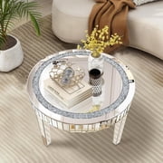 Silver Mirrored Coffee Table with Crystal Inlay, Round Glass Tea Table with Mirrored Finish, Modern Center Table for Living Room and Office 23.6" D x 23.6" W x 19.6" H