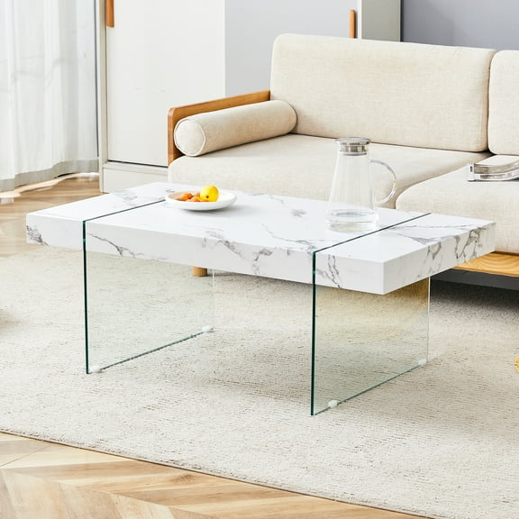 Silver Mirrored Coffee Table, Vintage Carved Elements, Rectangle Glass Tea Table with Mirrored Finish, Modern Center Table for Living Room and Office (24" D x 48" W x 18" H)