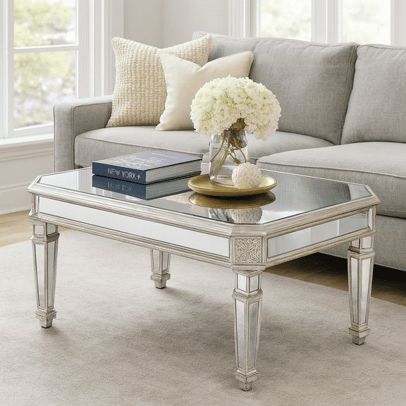 Silver Mirrored Coffee Table, Vintage Carved Elements, Rectangle Glass Tea Table with Mirrored Finish, Modern Center Table for Living Room and Office (24" D x 48" W x 18" H)