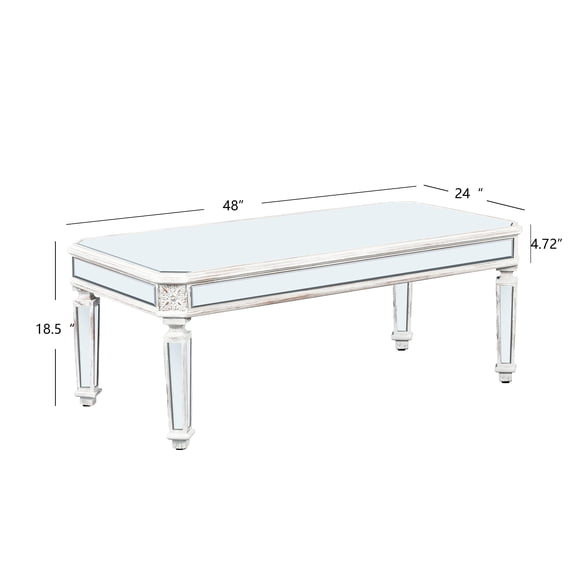 Silver Mirrored Coffee Table, Vintage Carved Elements, Rectangle Glass Tea Table with Mirrored Finish, Modern Center Table for Living Room and Office (24" D x 48" W x 18" H)