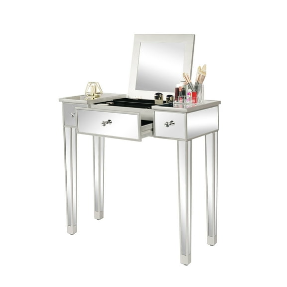 Silver Mirrored Computer Desk 31.5"x15"x30" with Flip Top & 3 Drawers, Vanity Makeup Table for Home Office