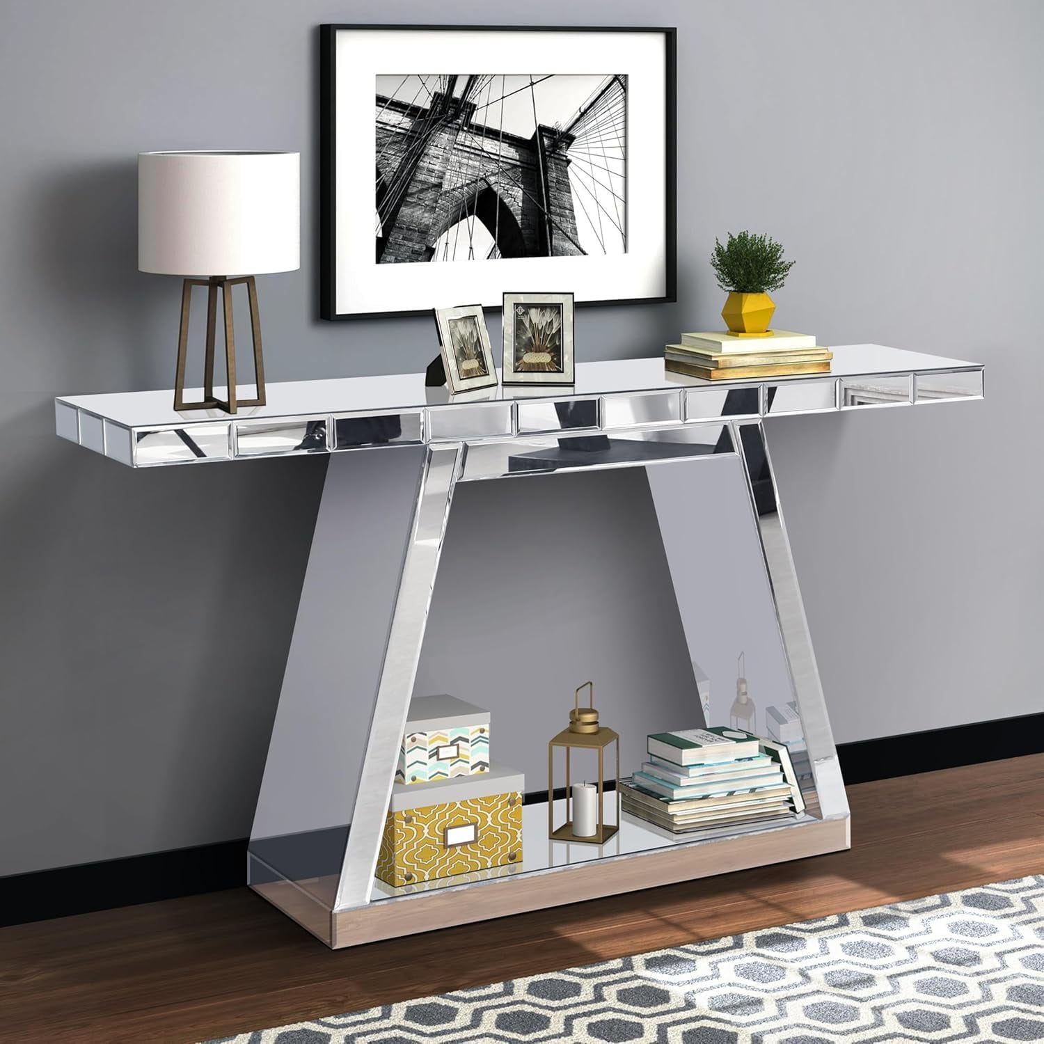 Silver Mirrored Console Table, 55.9 Inch Modern Entryway Table with ...