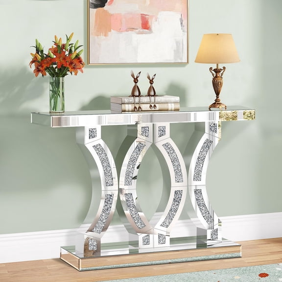 Silver Mirrored Console Table with Crushed Diamond Inlay, 39.37" Long Narrow Hallway Table for Entryway Foyer, Modern Glass Sofa Tables for Living Room