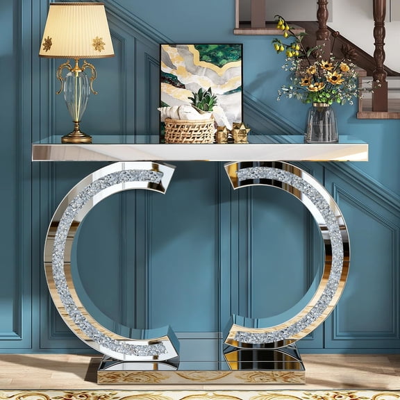 Silver Mirrored Console Table with Crushed Diamond Inlay, 39.4'' Long Entryway Sofa Table, Double C-Shaped Base Modern Accent Narrow Table for Living Room, Hallway, Foyer, Entrance