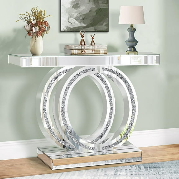 Silver Mirrored Console Table with Crushed Diamond Inlay, 39.4'' Long Entryway Sofa Table, Double O-Shaped Base Modern Accent Narrow Table for Living Room, Hallway, Foyer, Entrance